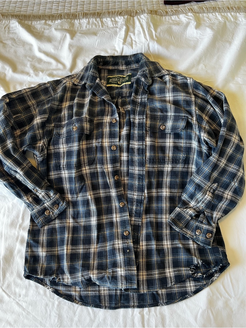 Field & Stream Blue and White Plaid Flannel Shirt with Yellow Accent